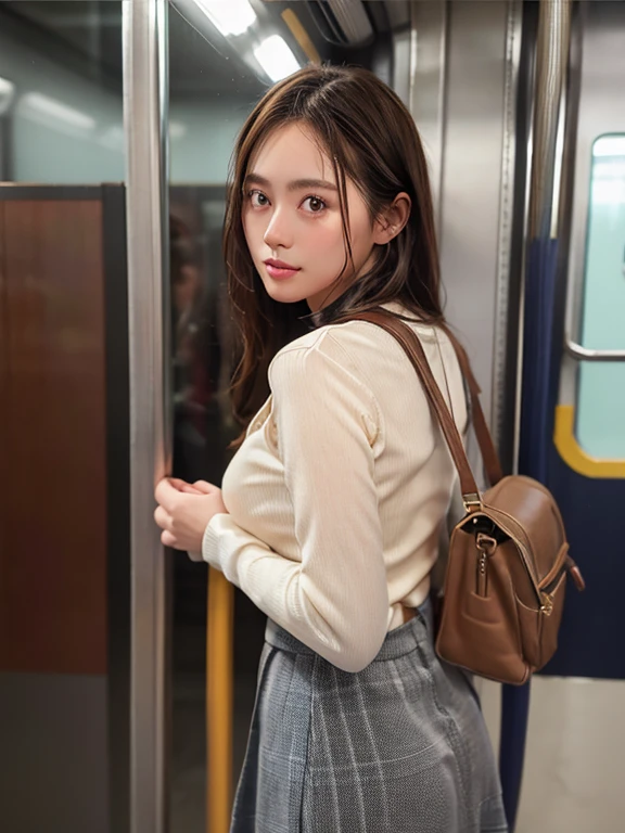 In 8K、RAW Photos、Highest quality、Realistic、Photorealistic、Professional Lighting、masterpiece、Very delicate and beautiful woman).A woman standing on an empty subway looking back at me, Wearing a knit and a long skirt. There is no one else on board、Age 27. Has J-cup breasts.,Round ass,Slender beautiful woman,Looking Camera、Clothes that do not expose skin、see-through