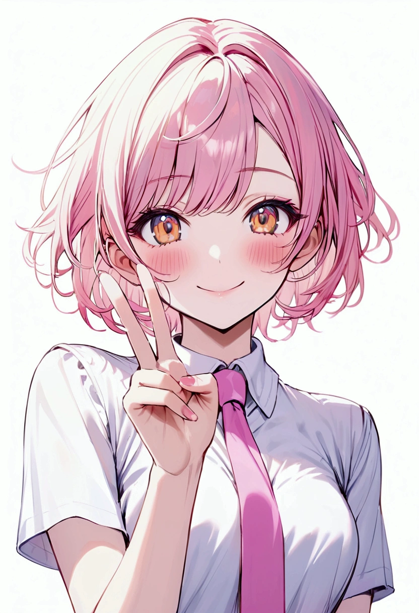 Young woman, Upper body, short hair, pink-yellow hair, Blue Makeup, white shirt, pink necktie, simple background, smiling, peace sign hand, blushing