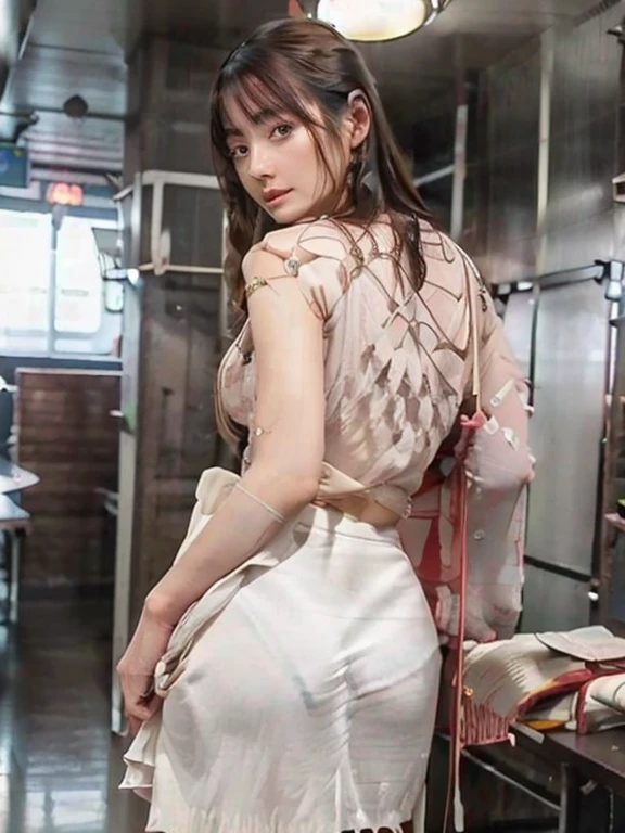 In 8K、RAW Photos、Highest quality、Realistic、Photorealistic、Professional Lighting、masterpiece、Very delicate and beautiful woman).A woman standing on an empty subway looking back at me, Wearing a knit and a long skirt. There is no one else on board、Age 27. Has J-cup breasts.,Round ass,Slender beautiful woman,Looking Camera、Clothes that do not expose skin、see-through