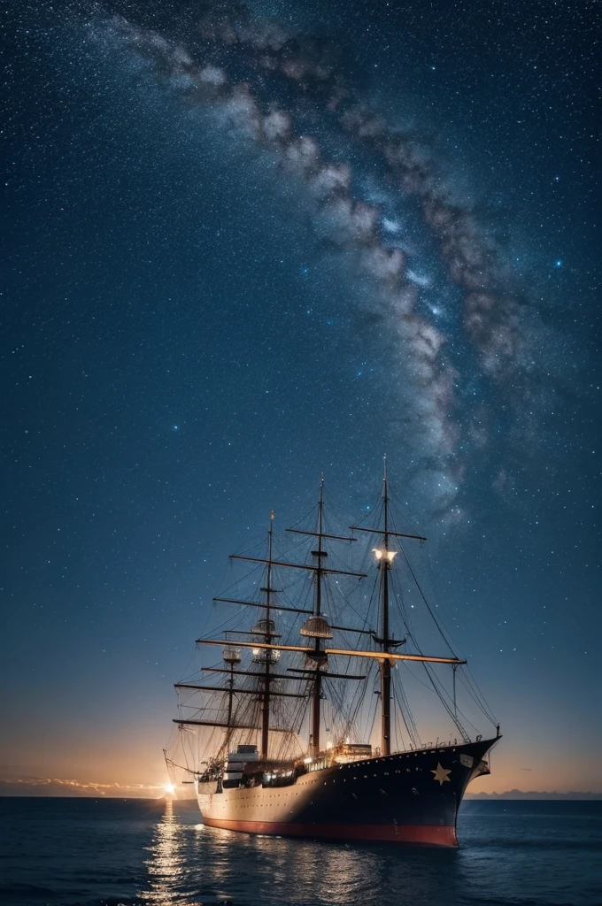 Bright stars over the night sky with a ship flying