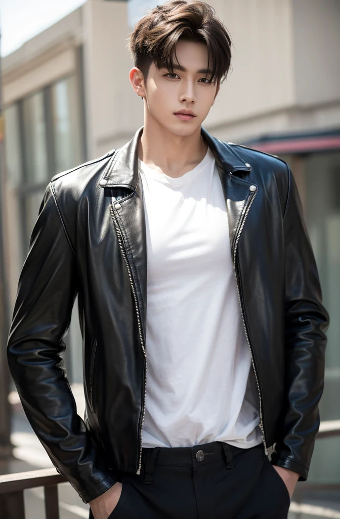 at office,wearing black leather jacket,two block haircut, Attractive man,Live-action photo,Handsome and sunny,(SLR effect,Reality,8K,Hyper-detailing,Absolute realism)