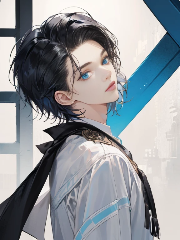 (extreamly delicate and beautiful:1.2), 8K, (tmasterpiece, best:1.0), One male (short black Quiff hair with Soft Fringe, bangs part on side 3:7 ratio) (blue eyes), One female (short black hair with fringe) (blue eyes), Upper body shot, 1 male 1 female