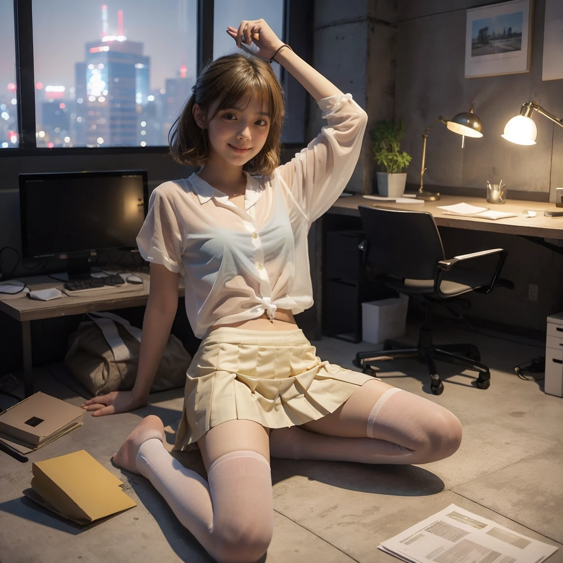 （anise、One Woman、、smile、Blonde、Thin glasses、Facing forward）、（White clothes、See-through shirt、Short pleated skirt in blue、Pink underwear、socks）、（Inside a skyscraper office at night）、（Sit with your legs apart）、（Hands tied and restrained）