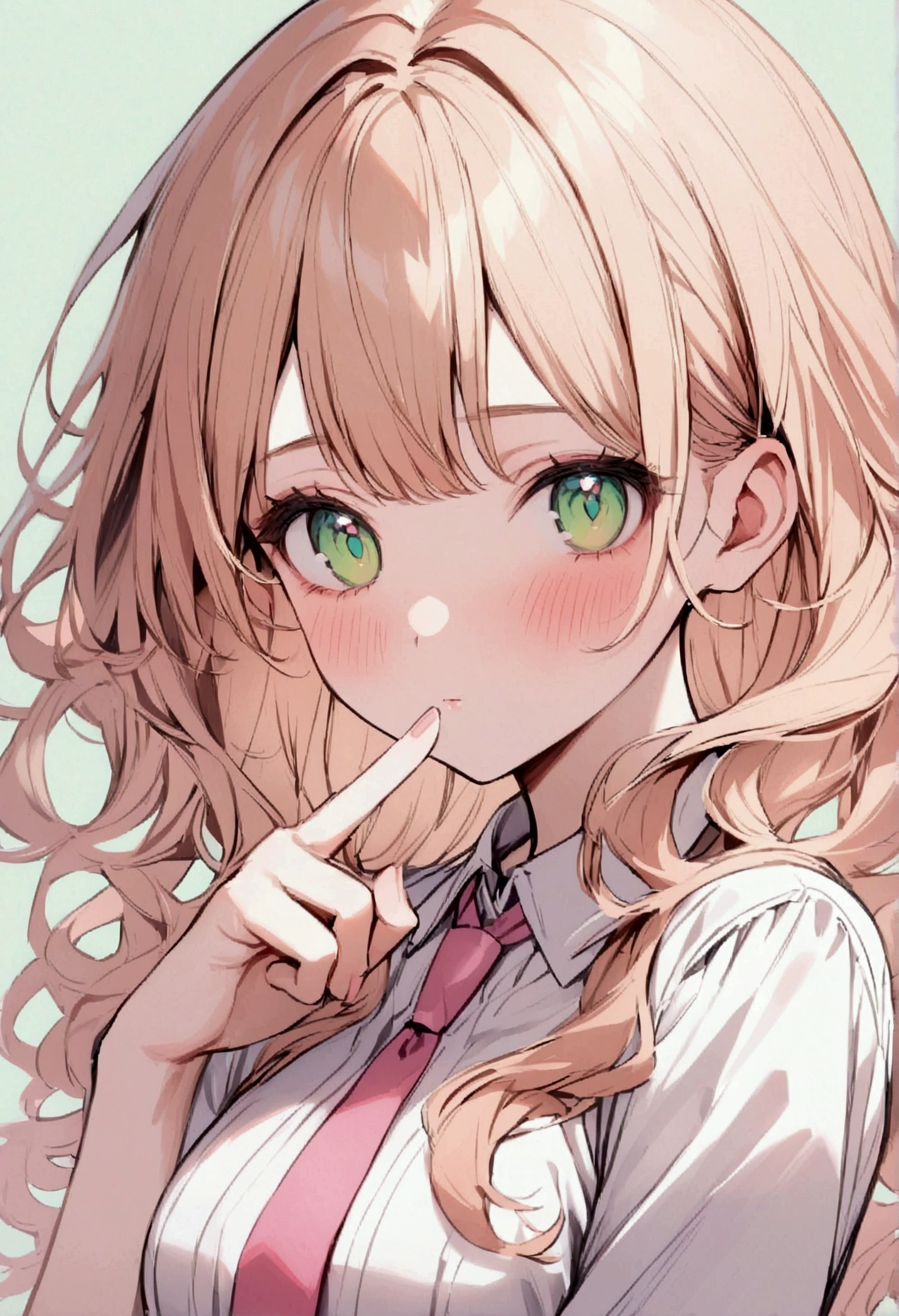 Young woman, Upper body, short hair, long hair, wavy hair, pink-yellow hair, Blue Makeup, white shirt, pink necktie, simple background, peace sign hand, blushing, green eyes