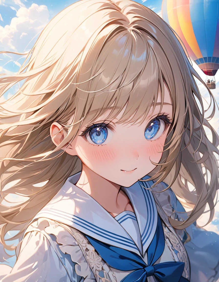 (8K, best quality, master piece: 1.2),super high resolution,1 girl,solo,13yo,Standing in the hot air balloon,ultra-detailed face,detailed eyes,Beige hair,long hair,floating hair,blue eyes,lash extension,happy,nose blush,floral pattern sailor collar lolita fashionin(Light blue:1.4),overhead shot,in the sky