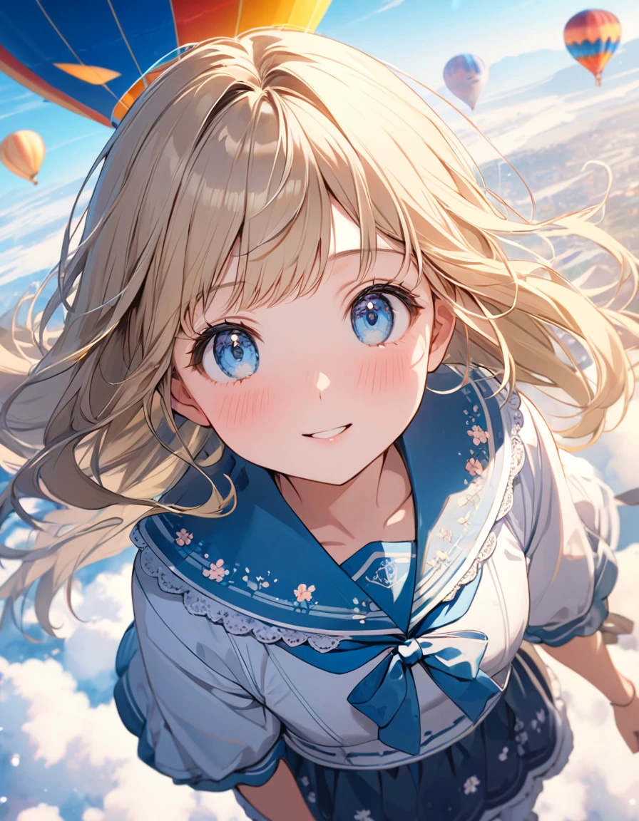 (8K, best quality, master piece: 1.2),super high resolution,1 girl,solo,13yo,Standing in the hot air balloon,ultra-detailed face,detailed eyes,Beige hair,long hair,floating hair,blue eyes,lash extension,happy,nose blush,floral pattern sailor collar lolita fashionin(Light blue:1.4),overhead shot,in the sky