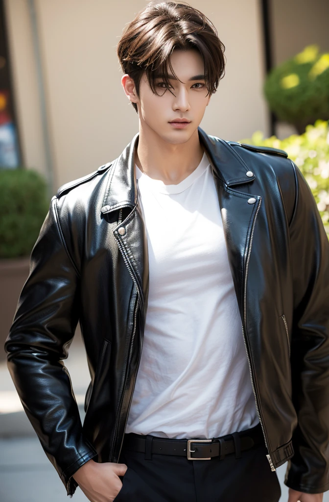 at office,wearing black leather jacket,two block haircut, Attractive man,Live-action photo,Handsome and sunny,(SLR effect,Reality,8K,Hyper-detailing,Absolute realism)