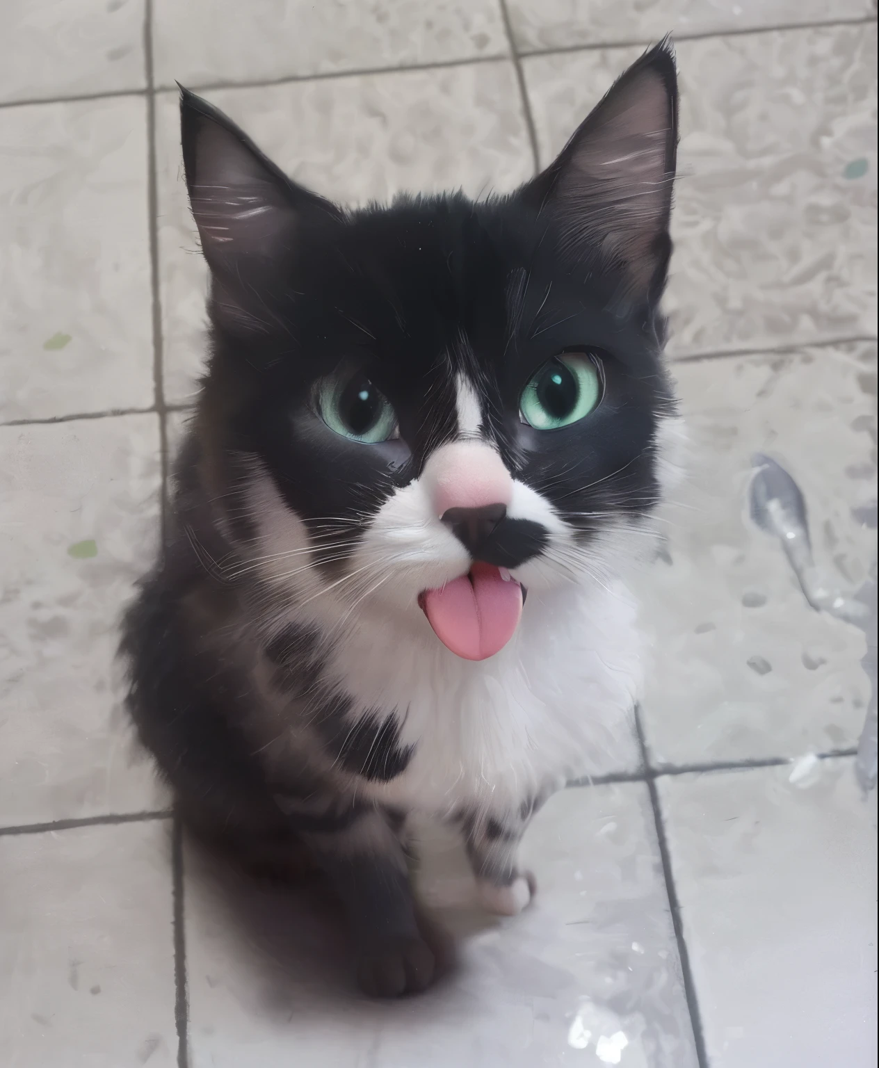 Transform cat image into Disney Pixar style, changing the background to a lawn with flowers, very colorful and fun, the cat in the middle is black and white and is sticking out its tongue