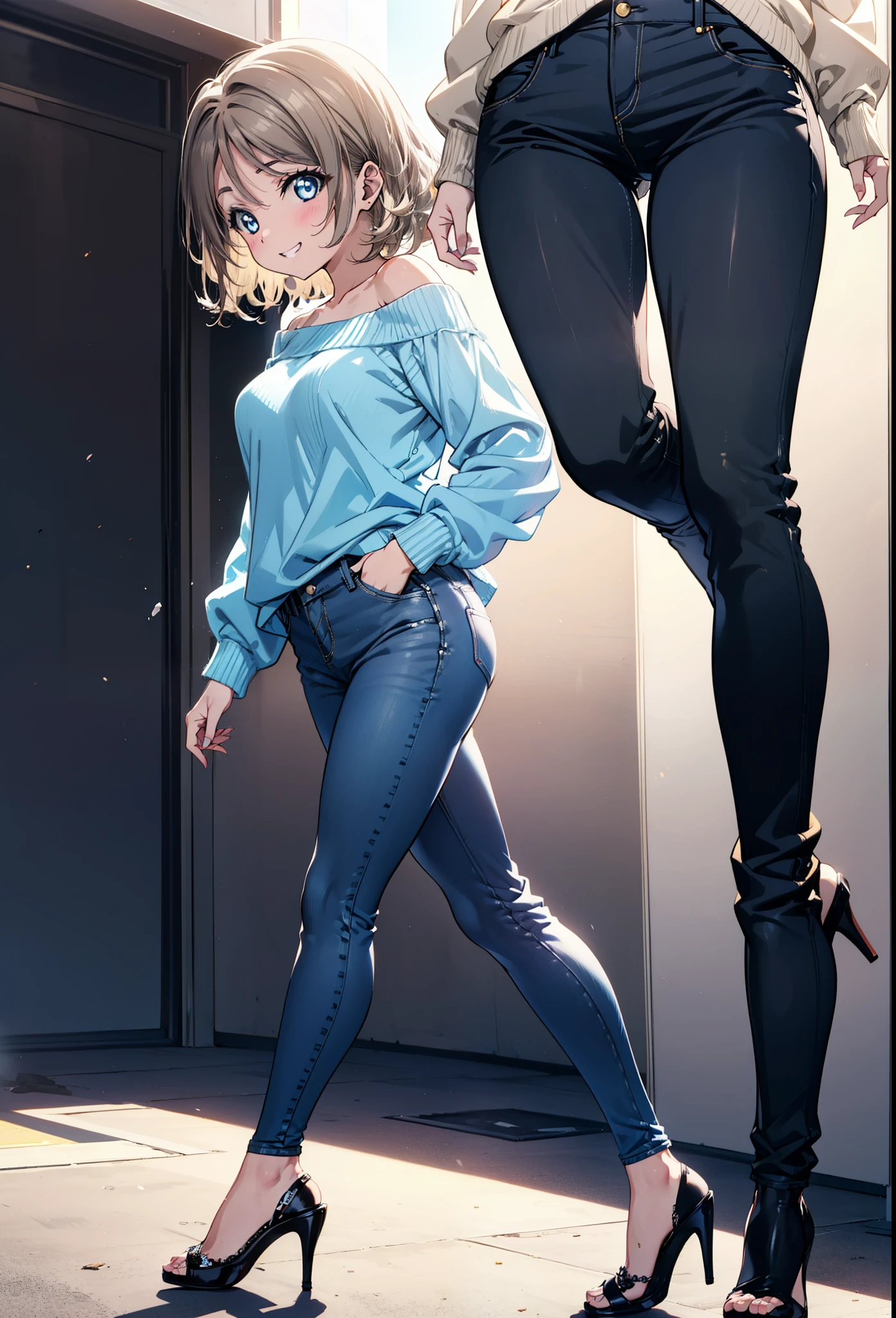 Yo Watanabe, Watanabe Yo, short hair, blue eyes, Brown Hair, smile, Grin,One-shoulder sweater,Skinny jeans,Stiletto heels,Walking,morning,morning陽,The sun is rising,whole bodyがイラストに入るように,
break outdoors, ビル街
break looking at viewer, whole body,
break (masterpiece:1.2), Highest quality, High resolution, unity 8k wallpaper, (figure:0.8), (Beautiful attention to detail:1.6), Highly detailed face, Perfect lighting, Highly detailed CG, (Perfect hands, Perfect Anatomy),