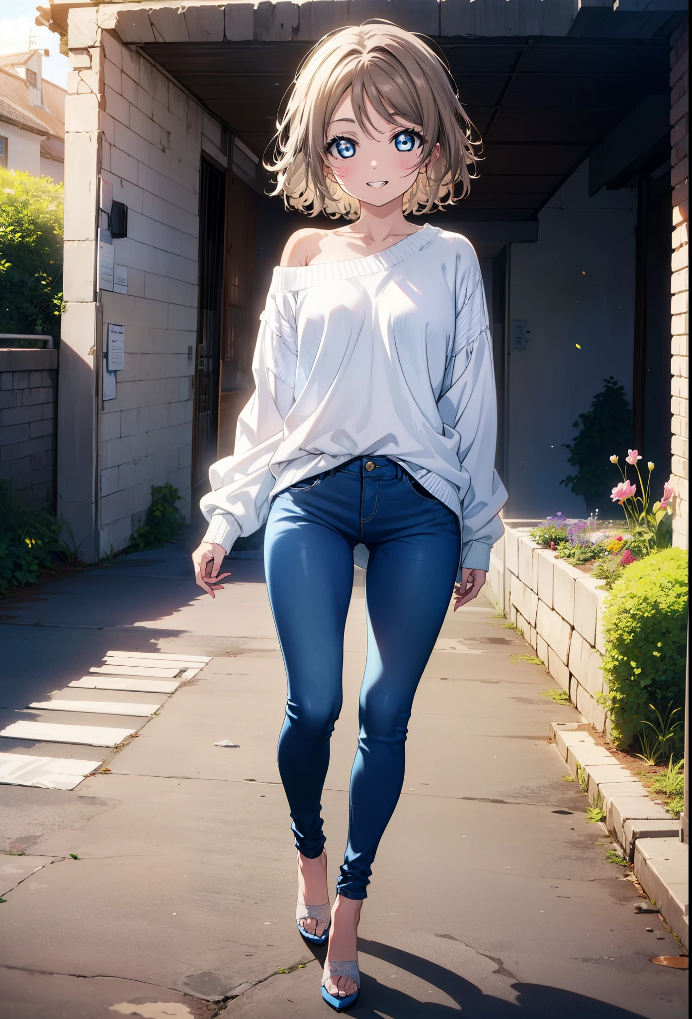 Yo Watanabe, Watanabe Yo, short hair, blue eyes, Brown Hair, smile, Grin,One-shoulder sweater,Skinny jeans,Stiletto heels,Walking,morning,morning陽,The sun is rising,whole bodyがイラストに入るように,
break outdoors, ビル街
break looking at viewer, whole body,
break (masterpiece:1.2), Highest quality, High resolution, unity 8k wallpaper, (figure:0.8), (Beautiful attention to detail:1.6), Highly detailed face, Perfect lighting, Highly detailed CG, (Perfect hands, Perfect Anatomy),
