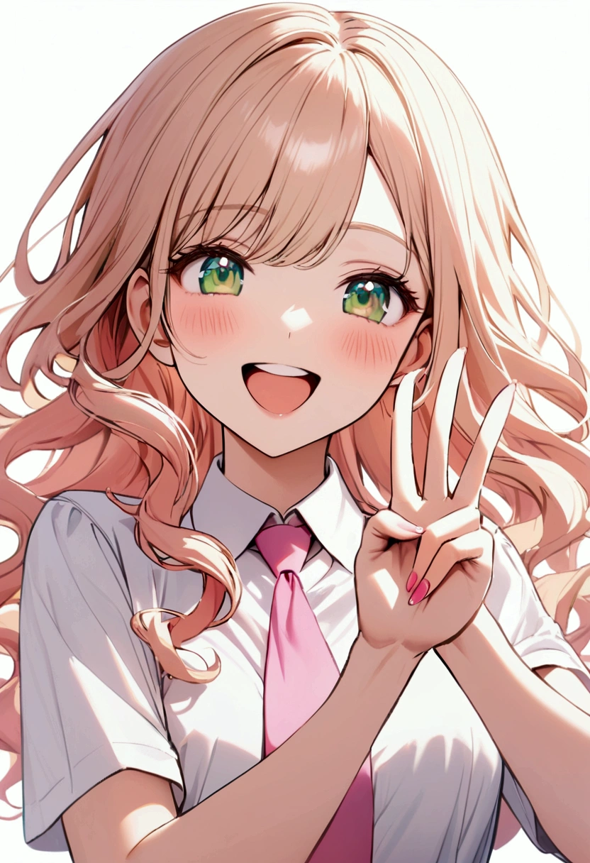 Young woman, Upper body, short hair, long hair, wavy hair, pink-yellow hair, Blue Makeup, white shirt, pink necktie, simple background, peace sign hand, blushing, green eyes, happy, smiling