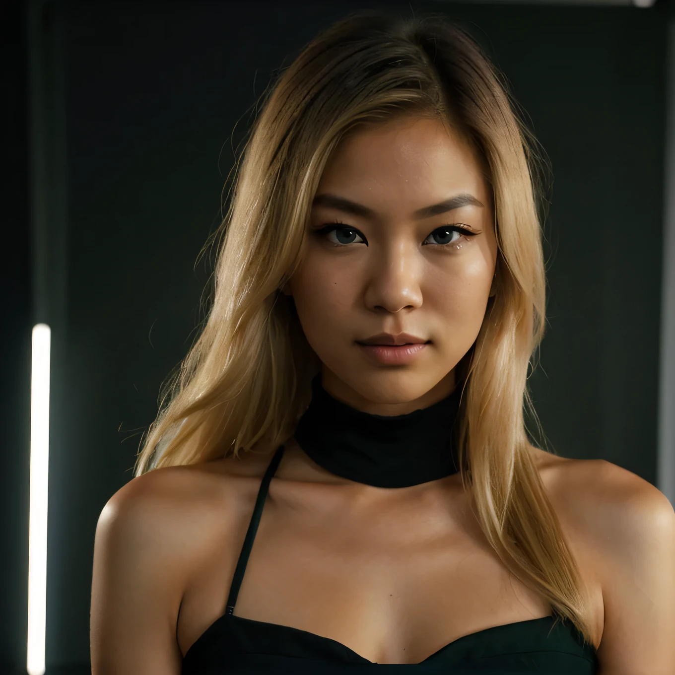 an eye contact of a blond with shoulder length hair and dark theme. Half American half Asian. With a green screen.