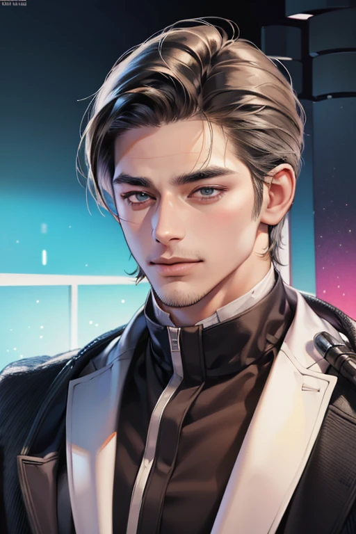 (best quality,4k,8k,highres,masterpiece:1.2),ultra-detailed,(realistic,photorealistic,photo-realistic:1.37),30 year old man,3 day beard,handsome anime,portraits,strong,masculine,dark hair,sharp jawline,mesmerizing eyes,perfectly styled hair,cool anime outfit,confident expression,vibrant colors,dynamic lighting, CEO and expression smile in love.
