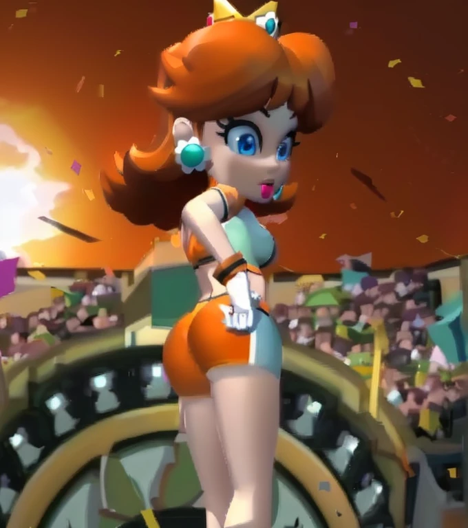 masterpiece, best quality, 4k, high res, detailed, cartoon, cartoon artstyle, anime, 1girl, solo, detailed face, highest quality, 1girl, solo, long hair, breasts, blue eyes, brunette hair, earrings, crown, princess daisy, looking at viewer, wearing orange sports shorts and orange short-shorts, white gloves with orange cuffs, wide hips, narrow waist, hourglass figure, round ass, butt sticking out from shorts, (back shot:1.3), shot taken from behind, looking from behind, outdoors, detailed, detailed background, stadium, crowds of people in the bleachers, confetti flying in the hair, sun setting, orange,