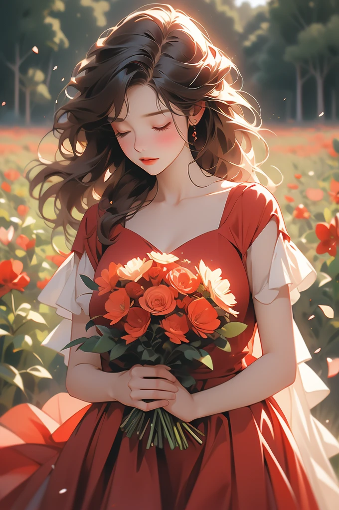 a woman wearing red dress, in a field of flowers holding a red bouquet, 1girl, solo, closed eyes, flower, brown hair, dress