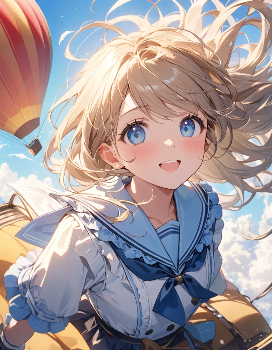 (8K, best quality, master piece: 1.2),super high resolution,1 girl,solo,,in the hot air balloon,ultra-detailed face,detailed eyes,Beige hair,long hair,floating hair,blue eyes,lash extension,happy,nose blush,floral pattern sailor collar loliashionin(Light blue:1.4),overhead shot,in the sky