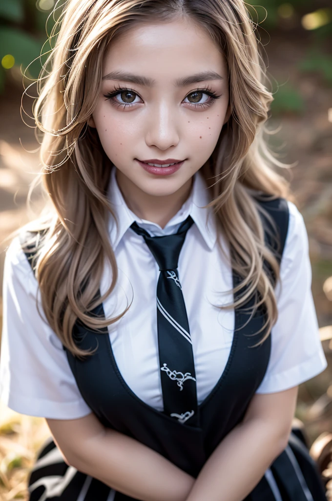 Realistic, masterpiece, Highest quality, Highest Resolution, Attention to detail, Soft Light, Professional Lighting, Backlight, Film Grain, The background is blurred, Japanese , (The subject was photographed from above at an angle, Model is not looking at the camera:1.3), , Upper body photo, Looks sleepy, inattention, Grin, Open your mouth, Beautiful and detailed eye drawing, (Droopy eyes:1.3), Dark Eyes, Thin eyebrows, Draw eyelashes carefully, Eyelash extensions, Gal Makeup, Orange Cheeks, (White brown wavy hair, Long Hair, Tie your hair back, middle part:1.3), (Hidden eyelid wrinkles:1.3), (Gothic Summer School Uniform:1.3), (Summer Forest:1.3)