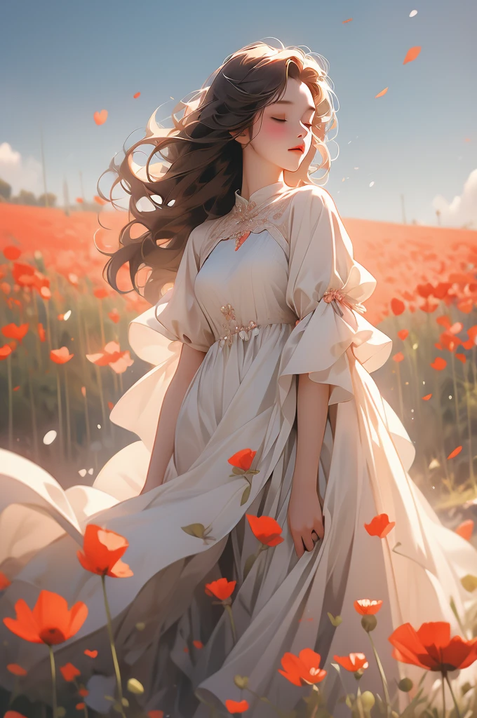 an image a woman who looks up into the sky while standing in tall poppies, 1girl, solo, closed eyes, flower, brown hair, dress