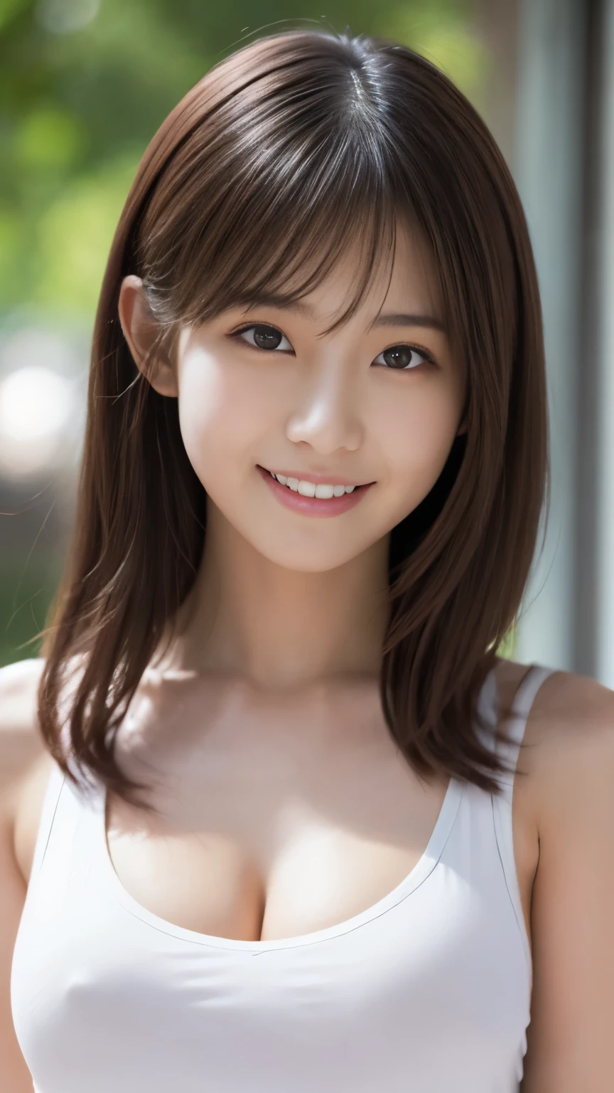 1 girl, (White tank top、The clothes are see-through、Protruding nipples:1.3、Cleavage), Beautiful Japanese actresses, (RAW Photos, highest quality), (Realistic, Photorealistic:1.4), masterpiece, Very delicate and beautiful, Very detailed, wonderful, finely, Very detailed CG Unity 8K 壁紙, Very detailed, High resolution, Soft Light, Beautiful detailed girl, Very detailed目と顔, Beautiful and detailed nose, Beautiful and detailed, looking at the camera、Perfect Anatomy, Slender body, smile