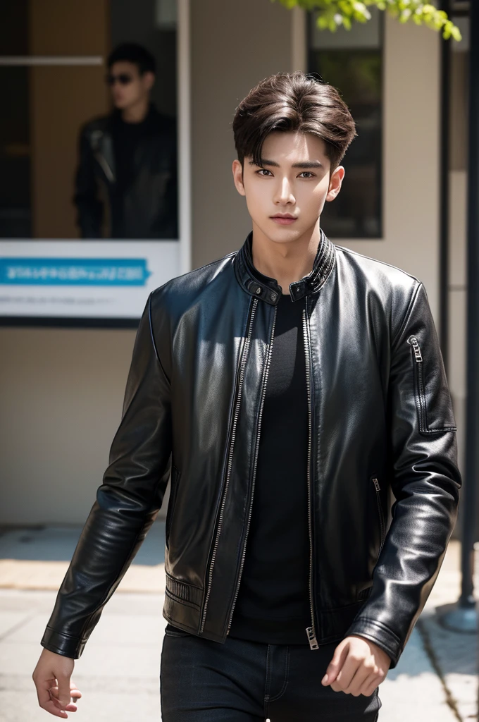 at office，wearing black leather jacket，two block haircut, Attractive man，Live-action photo，Handsome and sunny，（SLR effect，Reality，8K，Hyper-detailing，Absolute realism）