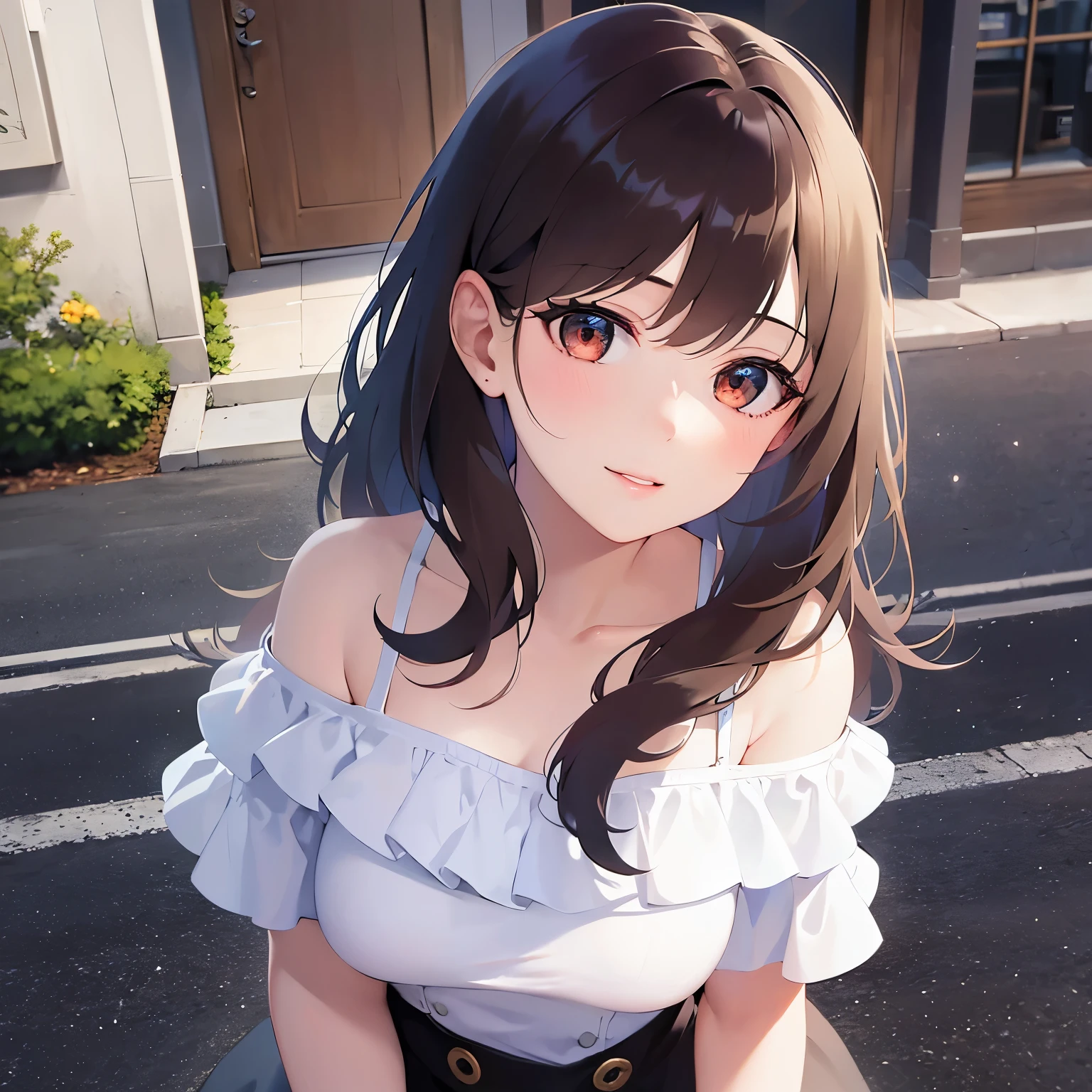 Shooting from above,Detailed CG,Ultra-fine illustrations,masterpiece,Highest quality,BREAK(white:1.5) and (off shoulder blouse)BREAK,Realistic,Real person,RAW Photos,Realistic(Pale skin:1.2),Glowing Skin,Shiny Hair,(A 27-year-old woman with medium-length hair and bangs)and(Wavy Hair)and(Brown Hair)and(Orange eyes),(smile),The background is in front of the building,Alone,(head tilt:1.3)