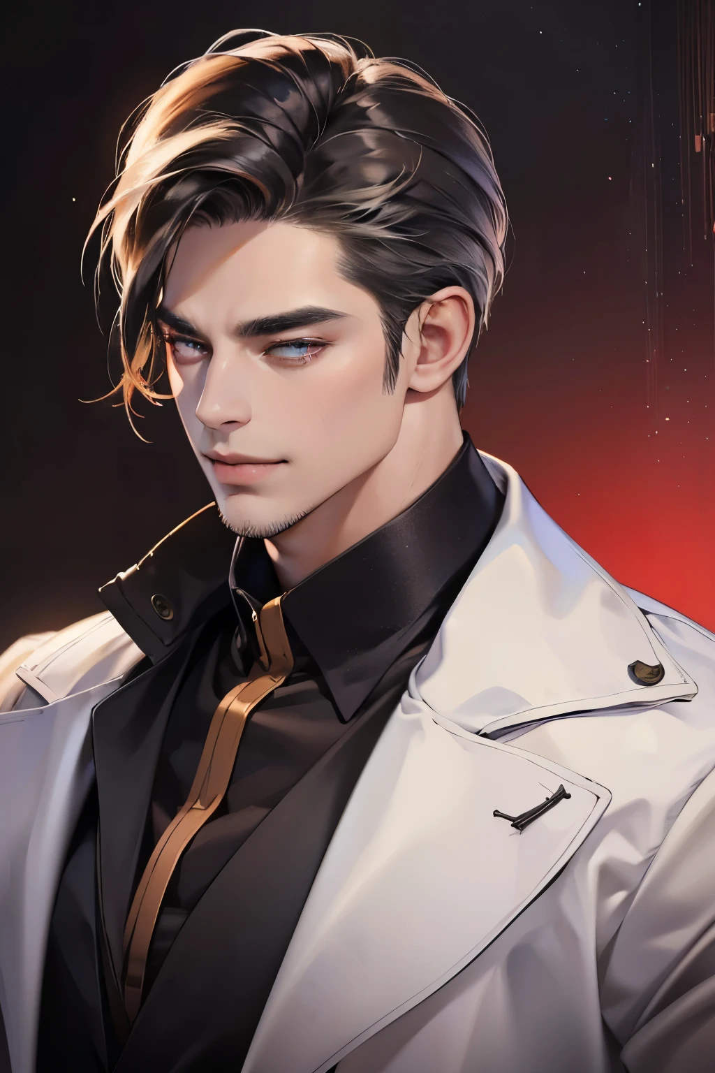 (best quality,4k,8k,highres,masterpiece:1.2),ultra-detailed,(realistic,photorealistic,photo-realistic:1.37),30 year old man,3 day beard,handsome anime,portraits,strong,masculine,dark hair,sharp jawline,mesmerizing eyes,perfectly styled hair,cool anime outfit,confident expression,vibrant colors,dynamic lighting, CEO and expression smile in love.
