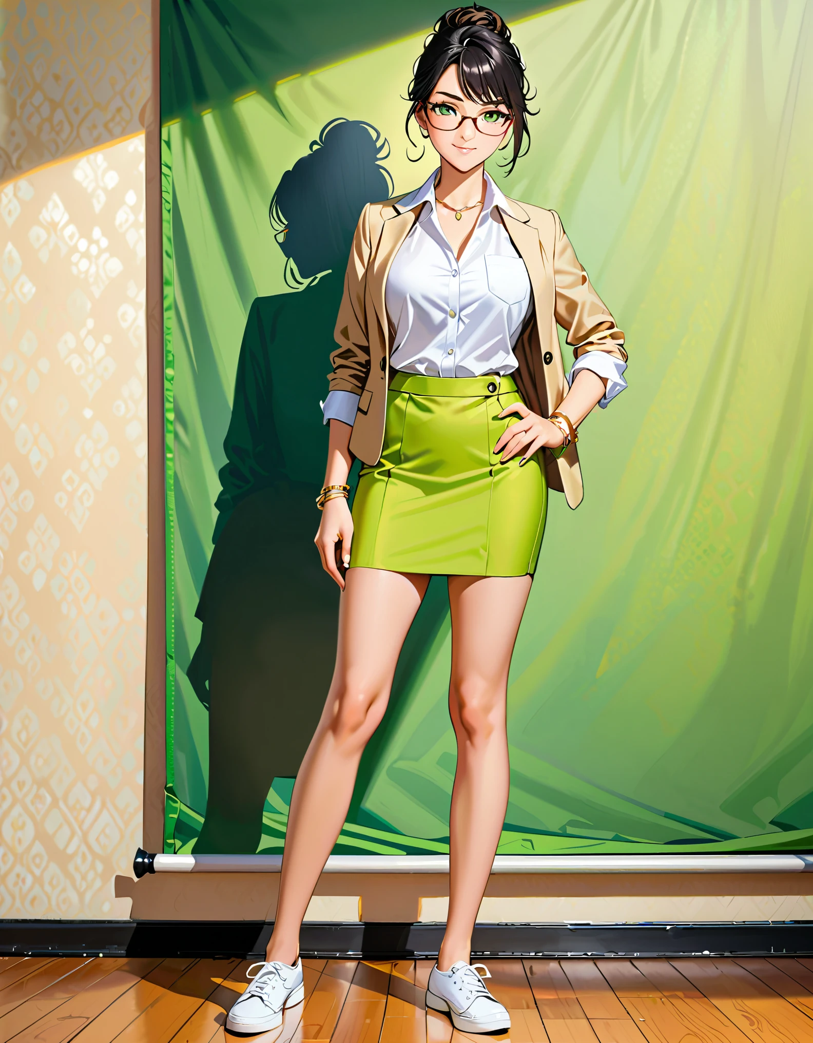 (masterpiece), (best quality), (hires), highly detailed, professional, 1lady, mature lady, tall body, jet black hair, short hair, tied up hair, green eyes, (glasses), (beautiful detailed eyes), beautiful detailed face, beige skirt suit, open jacket, white dress shirt, open collar, medium lime green pencil skirt, medium breasts, matching shoes, high school backdrop, indoors, daytime, (perfect hands, complete fingers), (gold bracelets), bare legs, solo, solo focus, standing, cowboy shot, full body shot, full body with costume, semi-realistic, friendly, warm lighting.