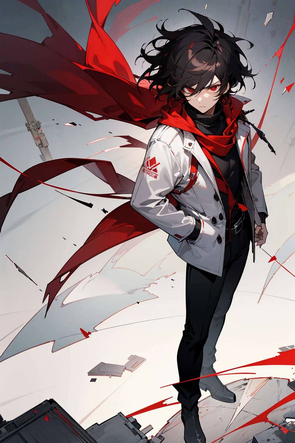 1male, masterpiece, Hyper detailed, Best quality, UHD, Black hair, red streaks, messy hair, red eyes, wearing a white jacket, black turtleneck, black pants, red scarf, serious expression, surrounded by shattered glass, cityscape background, standing on path