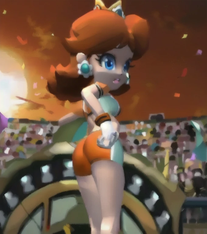 masterpiece, best quality, 4k, high res, detailed, cartoon, cartoon artstyle, anime, 1girl, solo, detailed face, highest quality, 1girl, solo, long hair, breasts, blue eyes, brunette hair, earrings, crown, princess daisy, looking at viewer, wearing orange sports shorts and orange short-shorts, white gloves with orange cuffs, wide hips, narrow waist, hourglass figure, round ass, butt sticking out from shorts, (back shot:1.3), shot taken from behind, looking from behind, outdoors, detailed, detailed background, stadium, crowds of people in the bleachers, confetti flying in the hair, sun setting, orange,