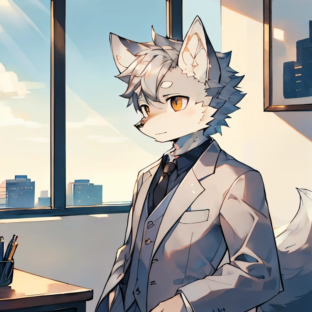 masterpiece, best quality, side, hairy, Male youth,(Wolf), (Silvery fur), Solitary, Handsome, (Suit),office, Upper Body, Folded ears, Dynamic Angle, Standing, desk, Small sofa, Detailed background, blue sky, Sunlight, (Seagull:0.5)