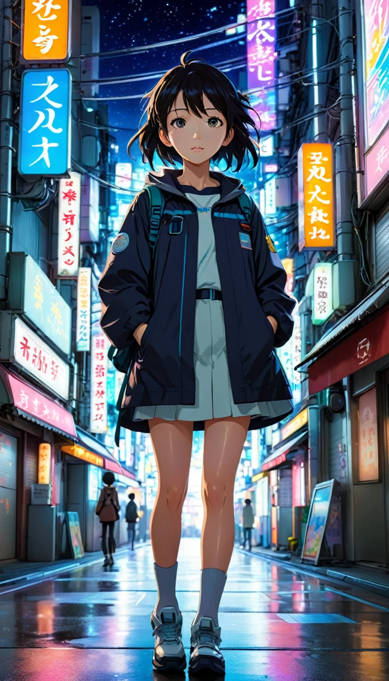 anime風の女性キャラクターのカラフルなプロフィール写真. anime「My Favorite Child」has characteristics that are clearly different from. The setting is a futuristic city lit up by neon lights. The environment is stimulating and adventurous. The camera settings are、A digital camera with a low ISO setting. This lens is a medium aperture zoom lens.. キャラクターデザインは日本のイラストレーターとanimeーターにインスピレーションを受けた, Akiko Sterrenberger, Photographed by Makoto Shinkai, Your Name。Director of