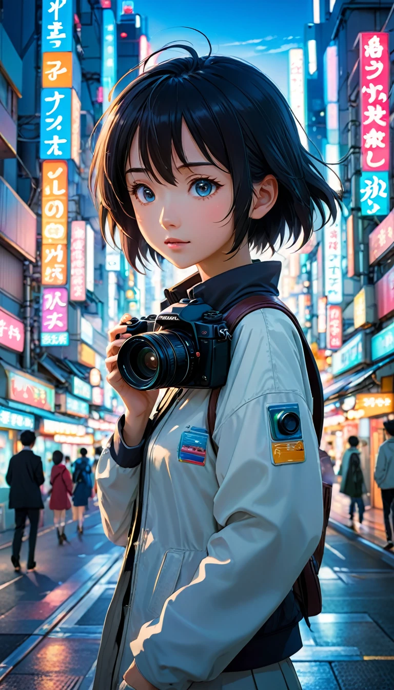 anime風の女性キャラクターのカラフルなプロフィール写真. anime「My Favorite 」has characteristics that are clearly different from. The setting is a futuristic city lit up by neon lights. The environment is stimulating and adventurous. The camera settings are、A digital camera with a low ISO setting. This lens is a medium aperture zoom lens.. キャラクターデザインは日本のイラストレーターとanimeーターにインスピレーションを受けた, Akiko Sterrenberger, Photographed by Makoto Shinkai, Your Name。Director of