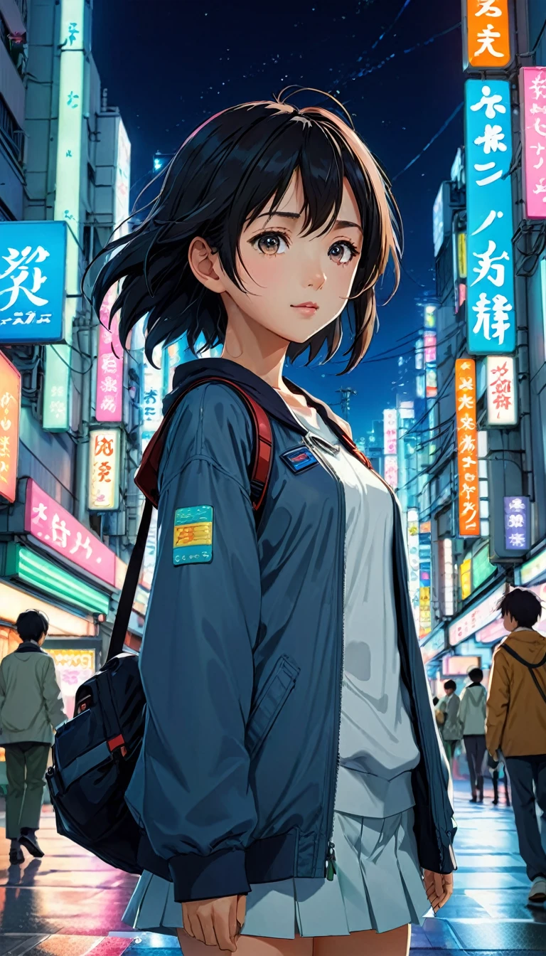anime風の女性キャラクターのカラフルなプロフィール写真. anime「My Favorite Child」has characteristics that are clearly different from. The setting is a futuristic city lit up by neon lights. The environment is stimulating and adventurous. The camera settings are、A digital camera with a low ISO setting. This lens is a medium aperture zoom lens.. キャラクターデザインは日本のイラストレーターとanimeーターにインスピレーションを受けた, Akiko Sterrenberger, Photographed by Makoto Shinkai, Your Name。Director of