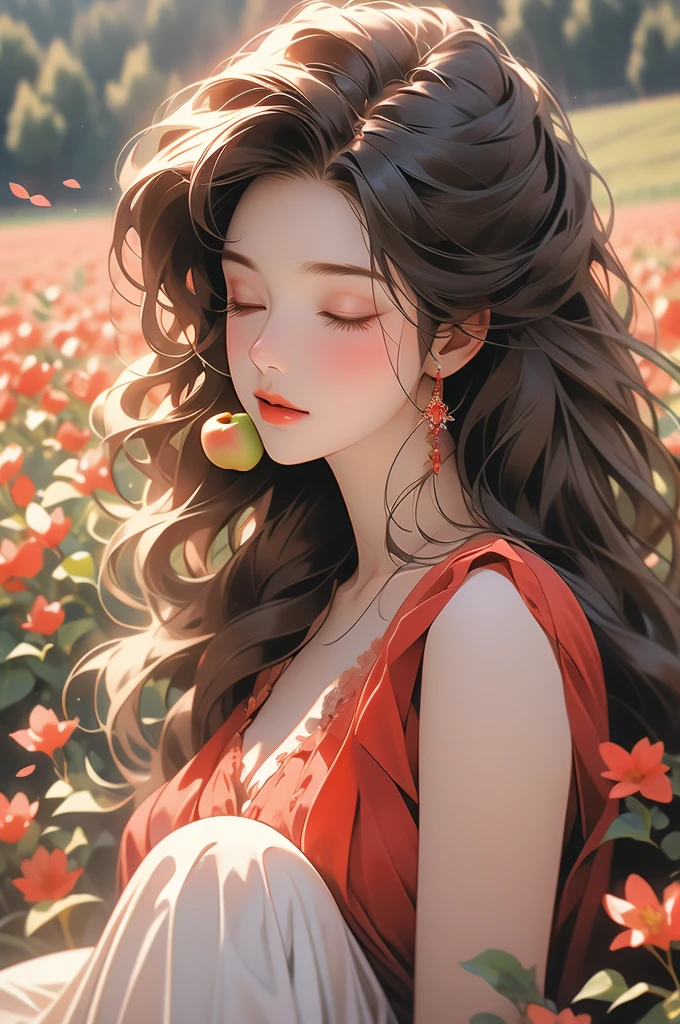 a woman in a red dress eating an apple in a field of flowers, 1girl, solo, closed eyes, flower, brown hair, dress