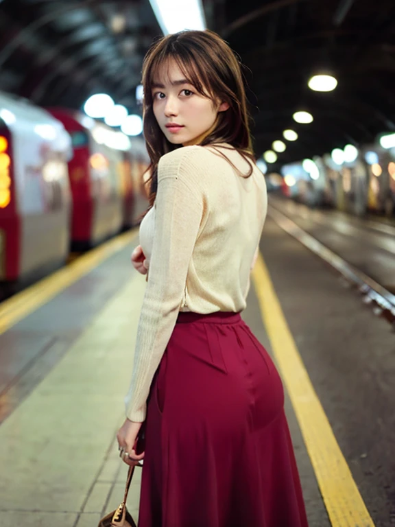 In 8K、RAW Photos、Highest quality、Realistic、Photorealistic、Professional Lighting、masterpiece、Very delicate and beautiful woman).A woman standing on an empty subway looking back at me, Wearing a knit and a long skirt. There is no one else on board、Age 27. Has J-cup breasts.,Round ass,Slender beautiful woman,Looking Camera、Clothes that do not expose skin、see-through