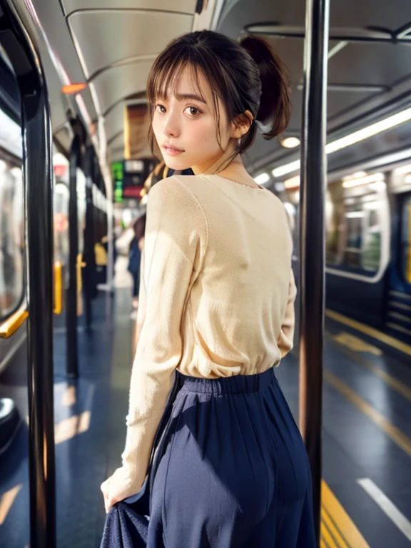 In 8K、RAW Photos、Highest quality、Realistic、Photorealistic、Professional Lighting、masterpiece、Very delicate and beautiful woman).A woman standing on an empty subway looking back at me, Wearing a knit and a long skirt. There is no one else on board、Age 27. Has J-cup breasts.,Round ass,Slender beautiful woman,Looking Camera、Clothes that do not expose skin、see-through