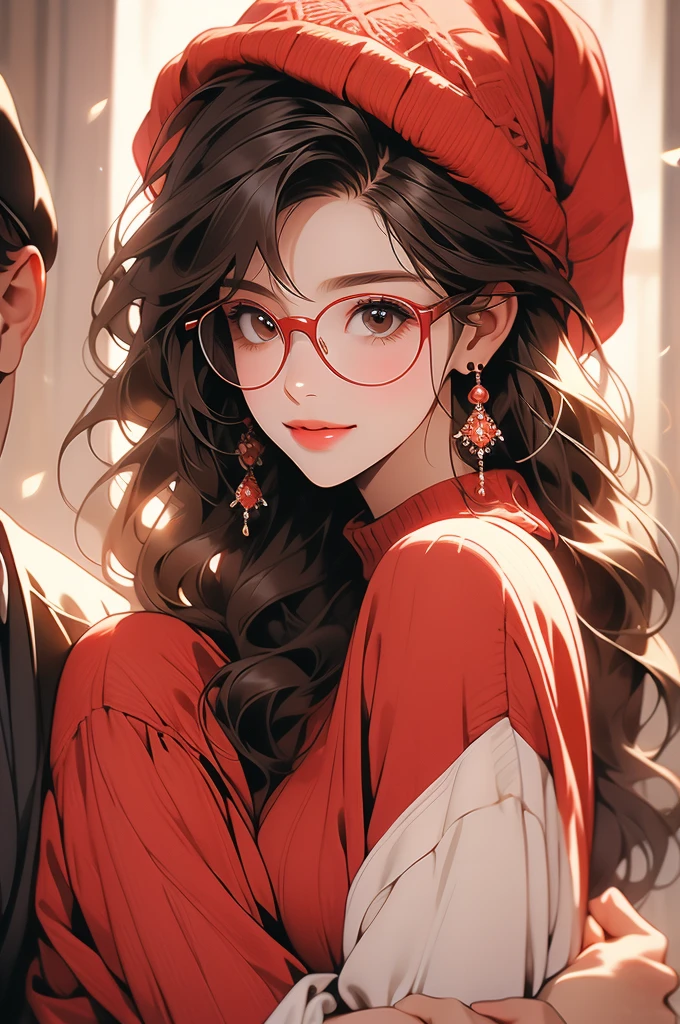 a beautiful woman in red sweater putting her arm around a man in glasses, 1girl, solo, jewelry, sweater, brown hair, hat, earrings, looking at viewer, smile