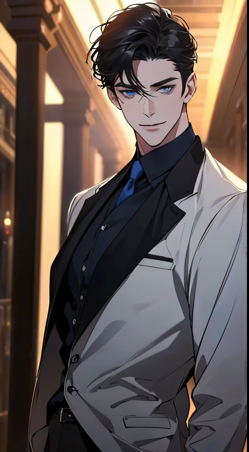 a mature man with short grey Black hair, blue eyes, 31 years, and a perfect face, smiling in love, CEO, cinematic lighting, 1:4 HDR image, top view, ultra detailed, best quality, masterpiece, 8K, photorealistic, beautiful image