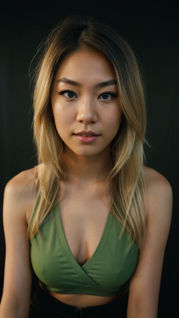an eye contact of a blond with shoulder length hair and dark theme. Half American half Asian. With a green screen.