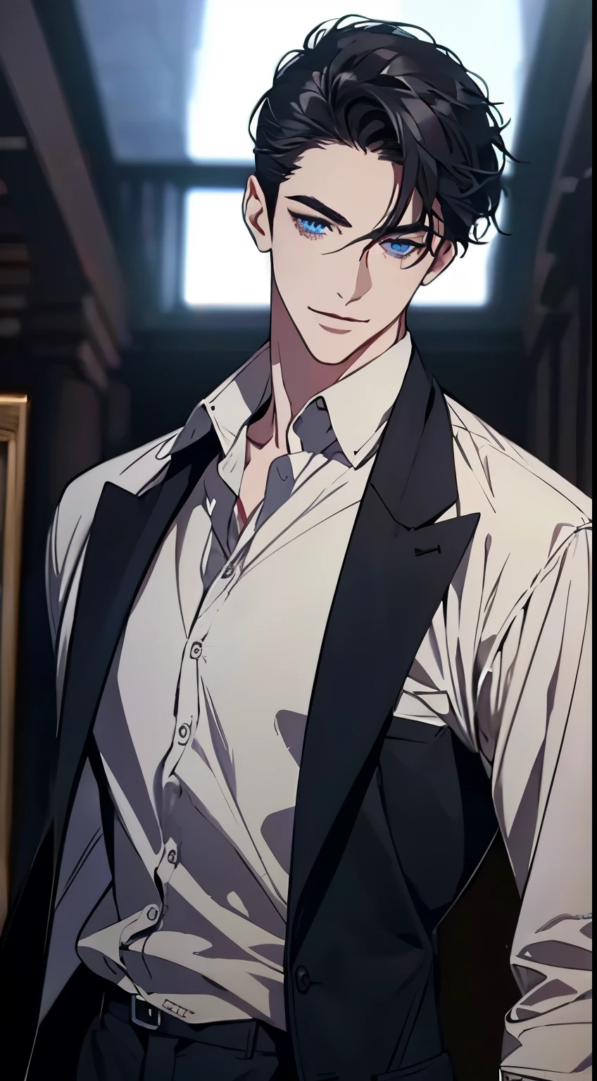 a mature man with short grey Black hair, blue eyes, 31 years, and a perfect face, smiling in love, CEO, cinematic lighting, 1:4 HDR image, top view, ultra detailed, best quality, masterpiece, 8K, photorealistic, beautiful image
