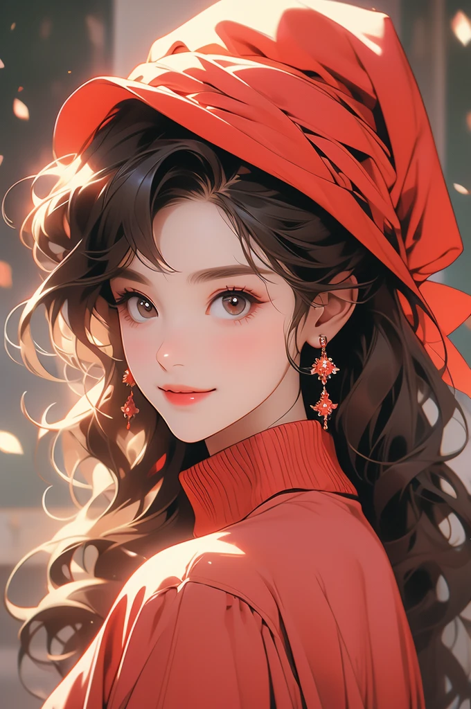 this is a beautiful looking woman in a red headband has on a red turtleneck, 1girl, solo, jewelry, sweater, brown hair, hat, earrings, looking at viewer, smile
