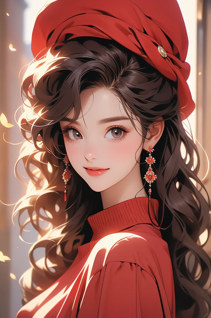 this is a beautiful looking woman in a red headband has on a red turtleneck, 1girl, solo, jewelry, sweater, brown hair, hat, earrings, looking at viewer, smile