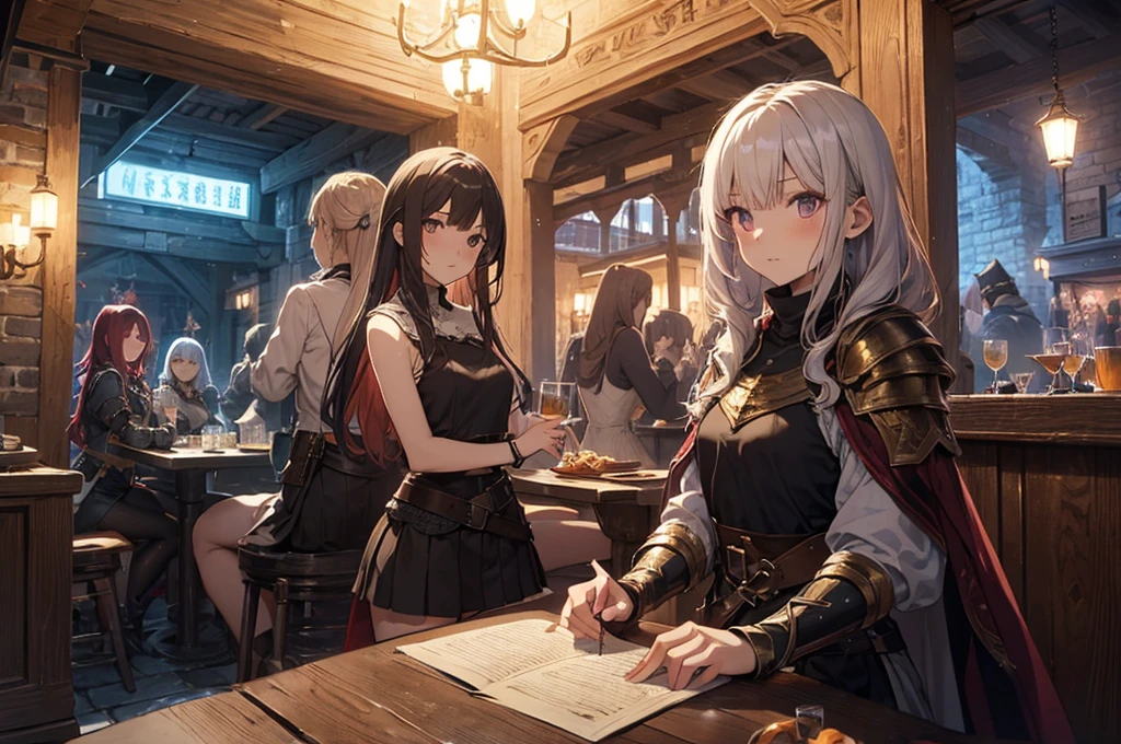 A group of  female medieval fantasy adventurers, (in tavern), various hair styles, harem, night, details face, short skirt, seducing, sleeveless, armor 