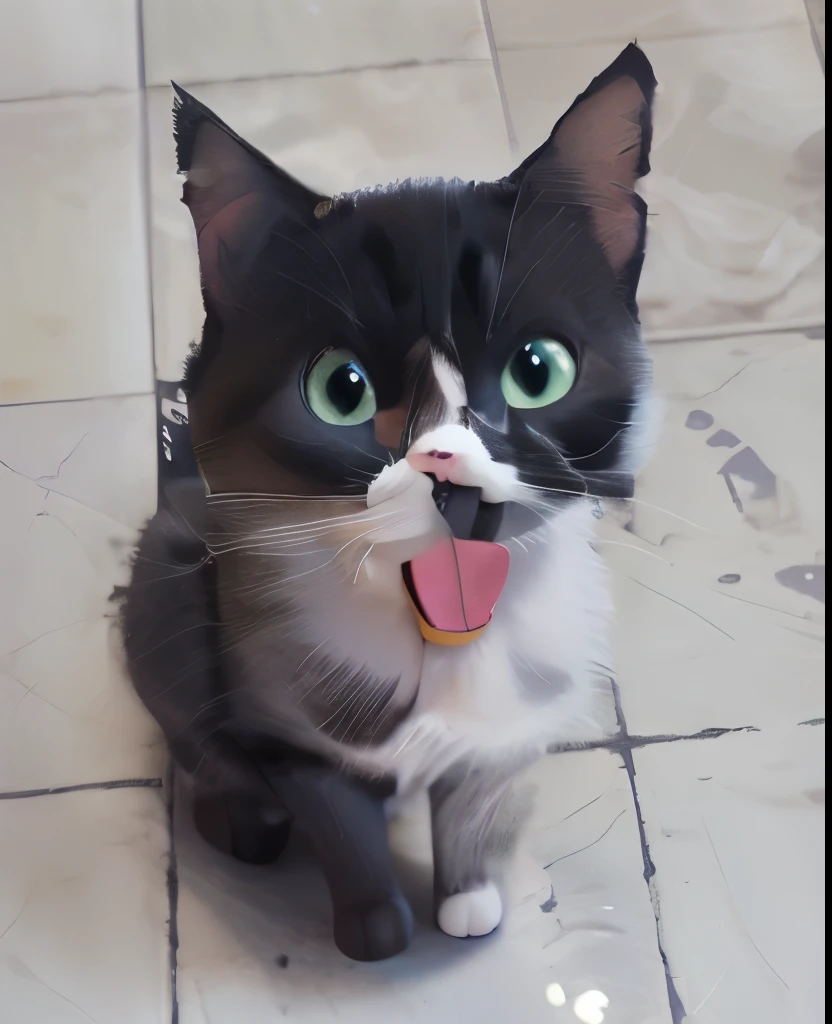 Transform cat image into Disney Pixar style, the cat in the middle is black and white and is sticking out its tongue