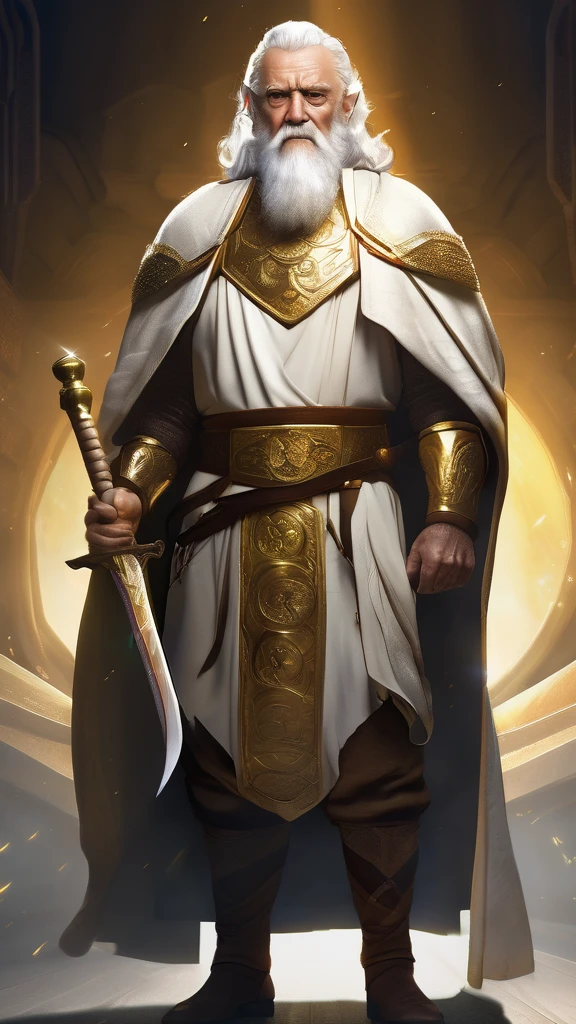 detailed portrait of an old god, short white hair and beard, rugged elderly man, stern gaze, wearing a sleeveless white robe, golden sash around waist, golden bracers, golden cape, holding a sword in right hand, highly detailed, cinematic lighting, dramatic shadows, realistic, photorealistic, 8k, best quality, full body image