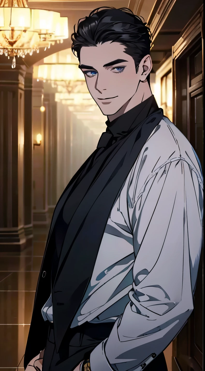 a mature man with short grey Black hair, blue eyes, 31 years, and a perfect face, smiling in love, CEO, cinematic lighting, 1:4 HDR image, top view, ultra detailed, best quality, masterpiece, 8K, photorealistic, beautiful image
