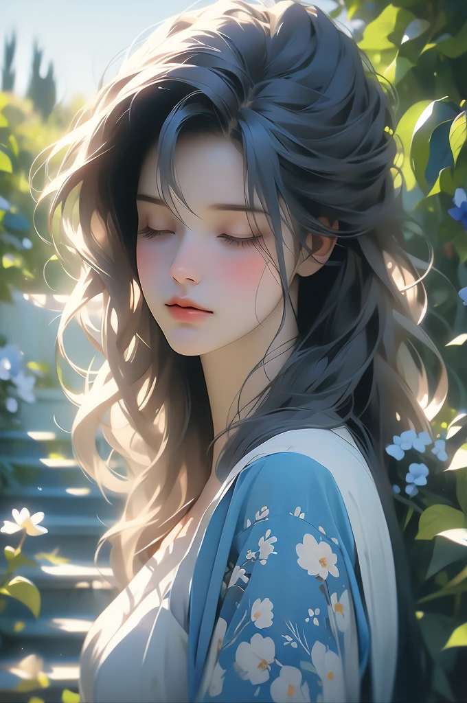 blue with flowers, photograph by karolina kurel, 1girl, flower, solo, closed eyes, blurry, blurry foreground, outdoors, realistic