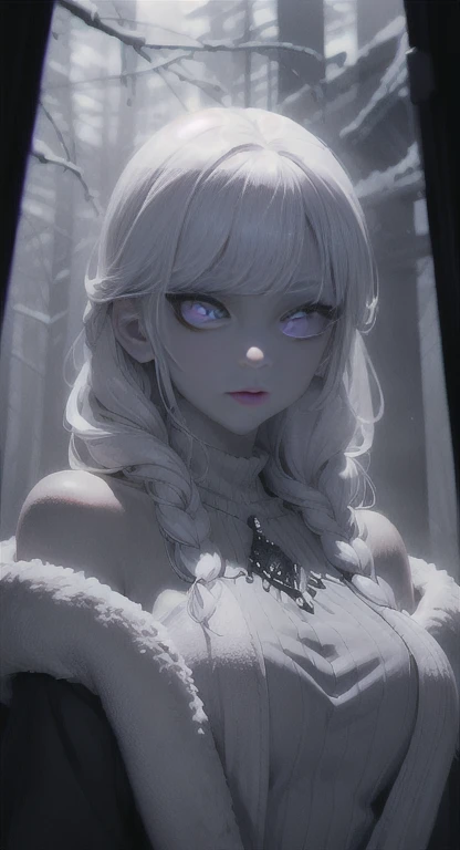 Frozen, misty Forest, ancient being, winter, snow, winter witch pale skin, purple eyes, eyes in the fog, regal appearance, cabin,