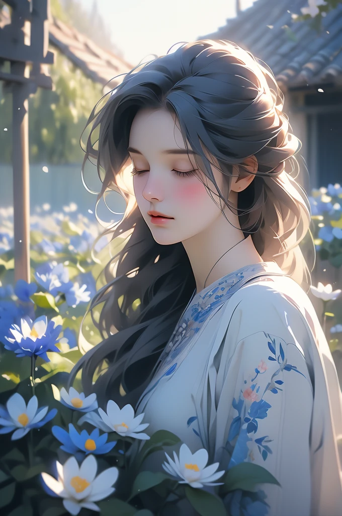 blue with flowers, photograph by karolina kurel, 1girl, flower, solo, closed eyes, blurry, blurry foreground, outdoors, realistic