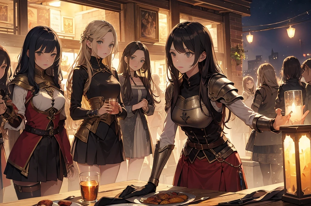 A group of female medieval fantasy adventurers, (in tavern), various hair styles, harem, night, details face, short skirt, seducing, sleeveless, armor